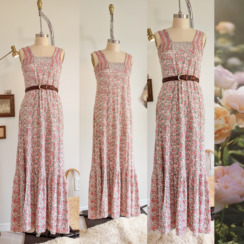 70s India Cotton Floral Tiered Hand Block Print Flowy Vintage Cotton Maxi Dress